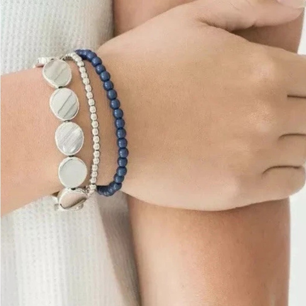 Paparazzi Beyond The Basics Blue Sea Beads & Silver Stretch Bracelet Nickel Free